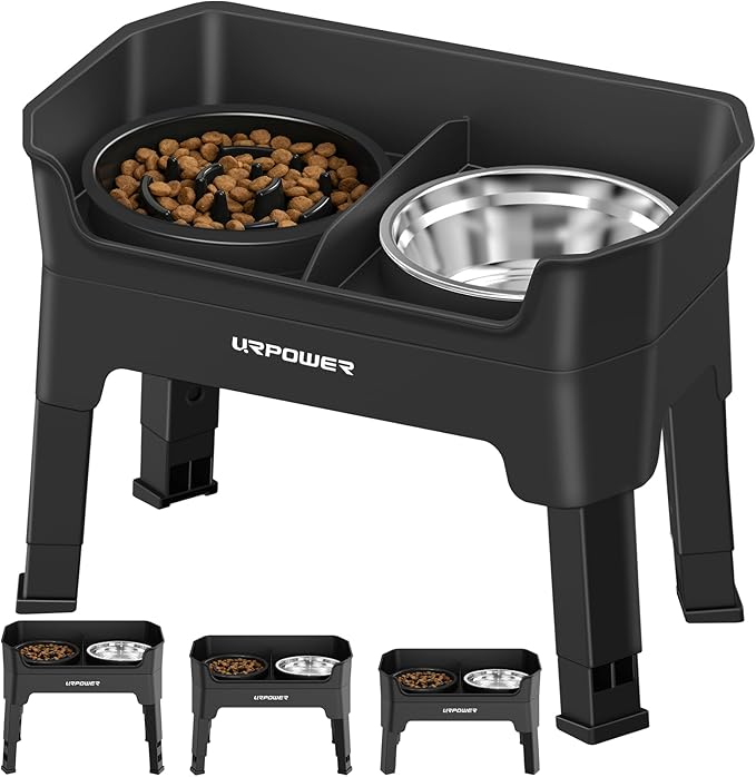 URPOWER Mess Proof Elevated Dog Bowls 4 Height Adjustable Raised Dog Bowl Stand with Stainless Steel Bowl, Slow Feeder & Licking Plate for Small, Medium & Large Dogs