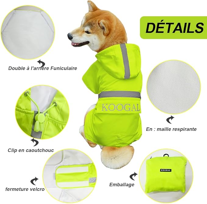 Dog Raincoat Apparel Poncho Waterproof Dog Clothes Pet Raincoat Jacket for Small to Medium Sized Dogs (Fluor-Yellow,2XL)