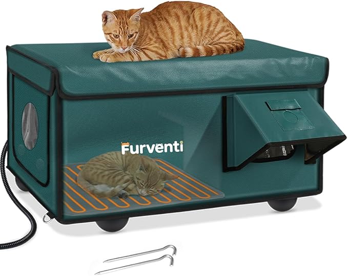 Outdoor Heated Cat House in Winter,Extremely Insulated & Weatherproof,Feral Cat Shelter with Waterproof Eaves & Escape Door for Outside Stray Barn Cat(Dark Green,23.6"x16.5"x13.4")