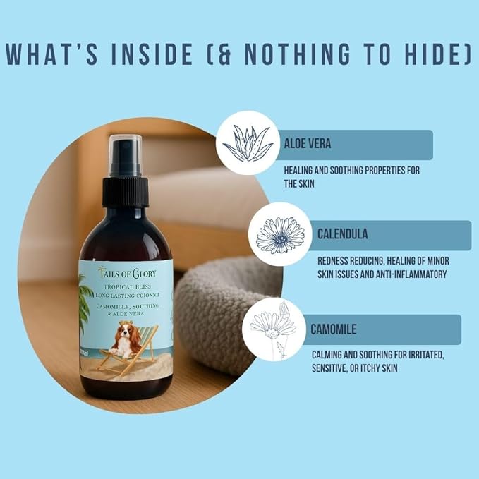 -100% Natural Dog Cologne Spray - Tropical Bliss Dog Perfume - Calming- Vegan - Chamomile, Calendula & Aloe Vera calming - Pet Deodorizing Spray - Made in the UK - 10 Fl Oz