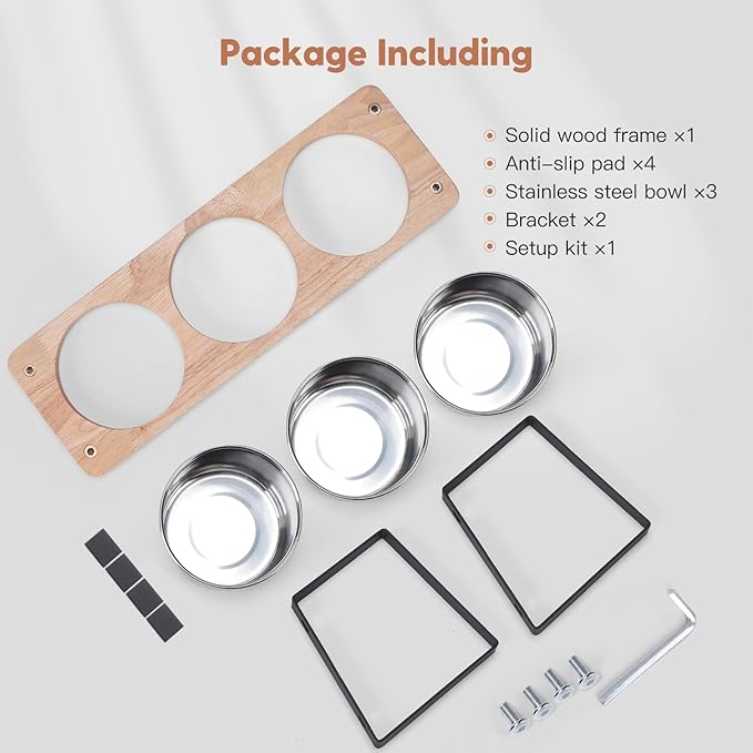 Elevated Cat Bowls with 3 Stainless Steel Bowls, 15° Tilted Raised Cat Food Bowl Wood Pet Bowls with Stand Anti Vomiting 2 Stainless Steel Bowl for Cats and Puppy
