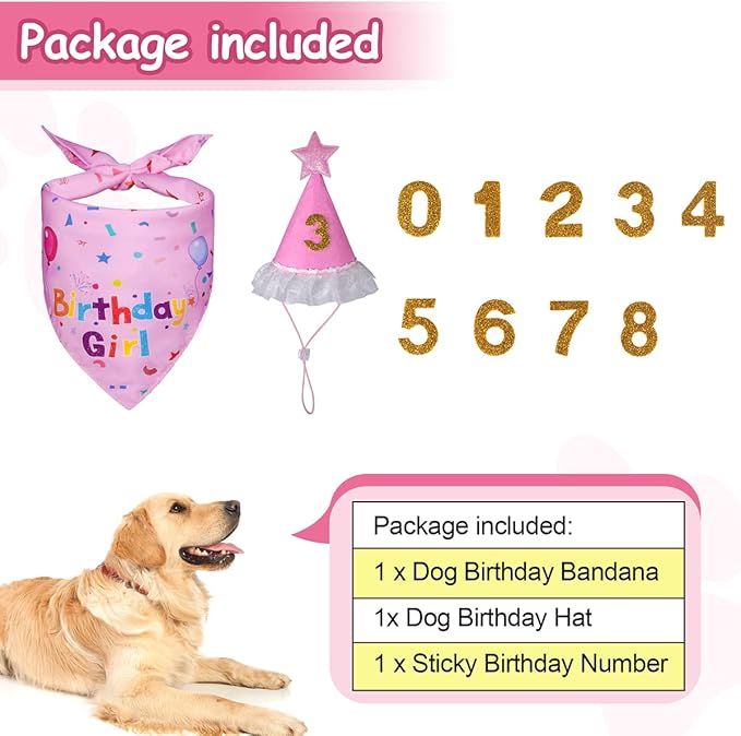 Dog Birthday Decorations, Dog Birthday Hat with Numbers for Large Medium Small,Pet Supplies (Pink)