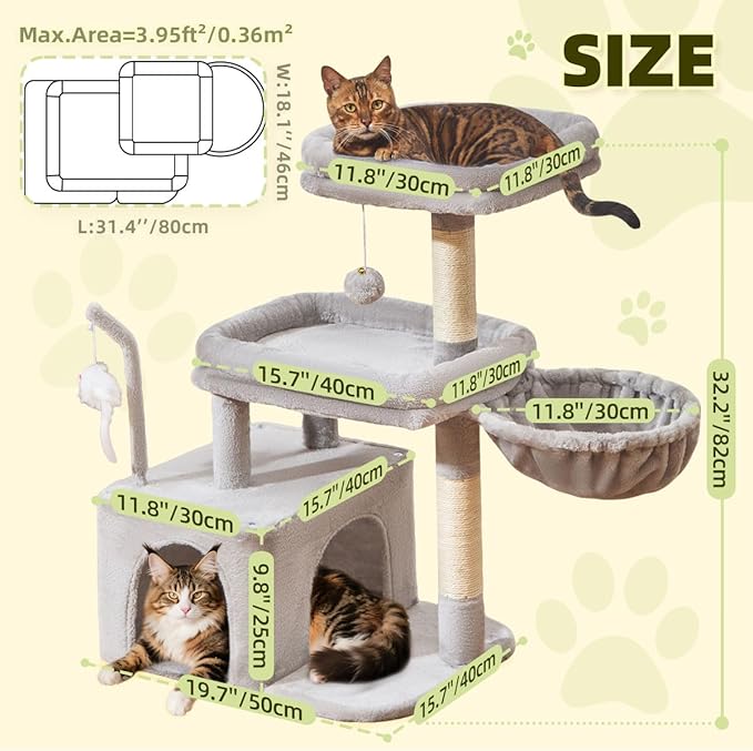 Taoqimiao Cat Tree, 32.2-Inch Cat Tower for Indoors Cats, Cat Condo with Large Cat Perch, Spacious Cat Cave, Scratching Posts for Small and Medium Cats, Light Gray MS043W
