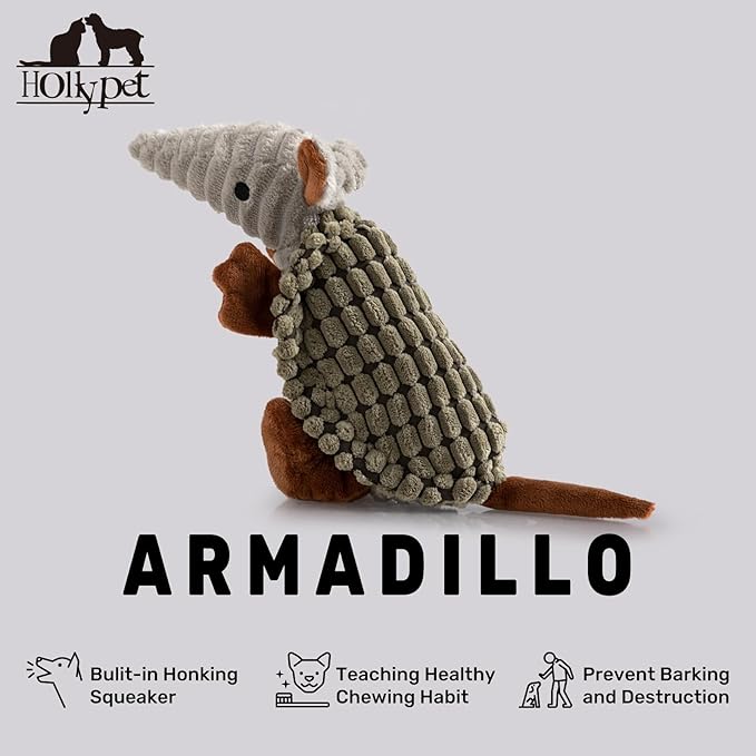 Hollypet Plush Dog Squeaky Toy Stuffed Armadillo Animal Pet Puppy Chew Toys with Clean Teeth for Small Medium Large All Breed Sizes Dogs, Olive Drab, 8 in