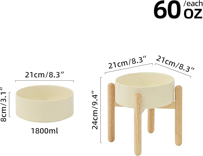 Ceramic 8.2inch Raised Dog Bowl with Stand for Large - Breed Dogs, Pet Food and Water Feeder(Single Bowl with Stand - Beige)