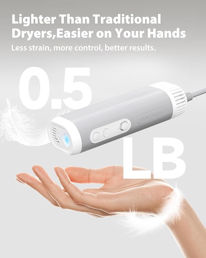 L&W BROS. 2-in-1 Pet Hair Dryer with Clamp Stand – Wearable & Hands Free Dog Grooming Dryer, 950W Low Noise Blower with 5 Heat & 3 Speed Settings, for Small to Medium Pets (White)