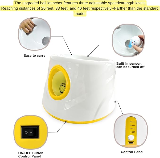 Automatic Ball Launcher for Dogs ，The Upgraded Ball Thrower Adjustable Distance 20-45ft Including 6 PCS 2.3-inch Sized Balls, Interactive Dog Toys Suitable for Small to Medium Sized Dogs