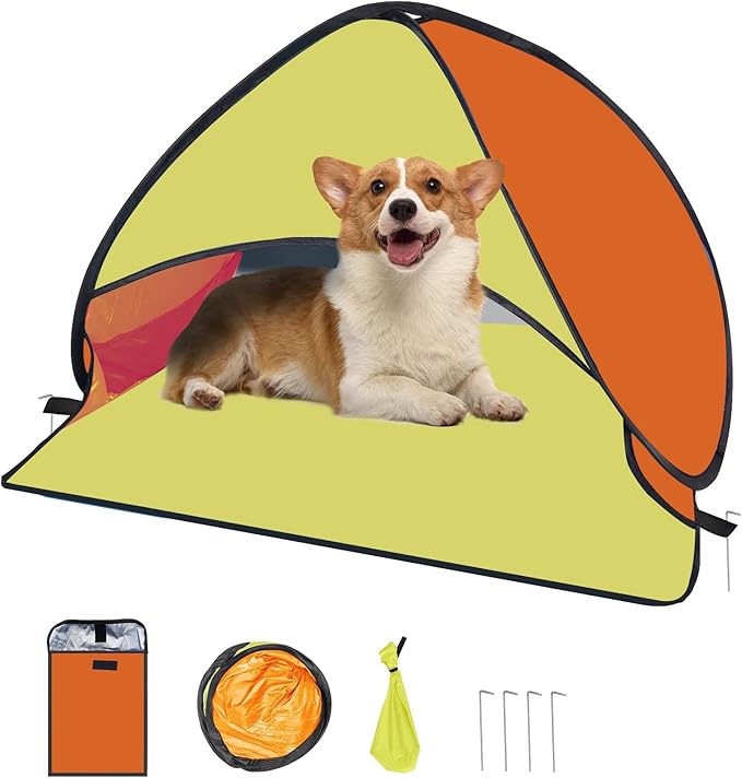 Beach Tent for Dog Pet Shade Pop Up Portable Mini Head Sun Shelters Canopy for Camping Outdoor Hiking Picnic Windproof Waterproof with Tent Nails Phone Stand for Puppy Cat Small Animals(Yellow orange)