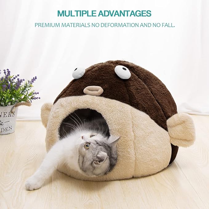 Cat Beds for Indoor Cats - Cat Bed Cave with Removable Washable Cushioned Pillow, Soft Plush Premium Cotton No Deformation Pet Bed, Lively Pufferfish cat House Design, Brown, Multiple Sizes