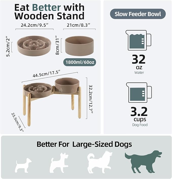 Ceramic Raised Slow Feeder Dog Bowl Set, Elevated 8.2inch Bowl and 9.5inch Puzzle Slow Food Dish with Wooden Stand for Large Dog, Anti-Gulping (2X Brown Coffee+ Stand)