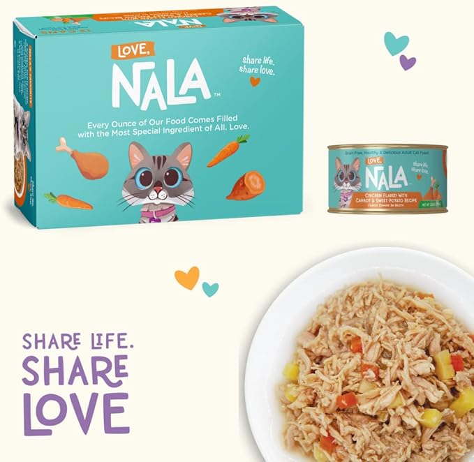 LOVE, NALA - Natural Adult Cat Wet Food - FLAKED Chicken with Carrot & Sweet Potato in Broth - Grain Free, Non-GMO, Lean Protein, Digestive Fiber Blend, Added Minerals & Vitamins - 12 Pack, 2.4 lbs.