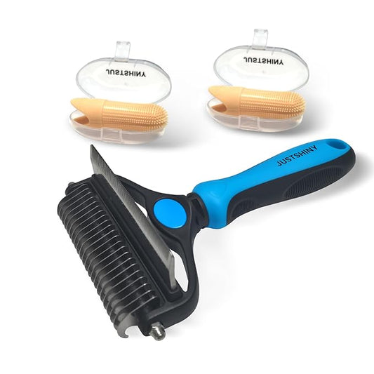 Pet Grooming Set – Deshedding Hair Brush & 2 Finger Toothbrushes – Perfect for Dogs & Cats (blue)