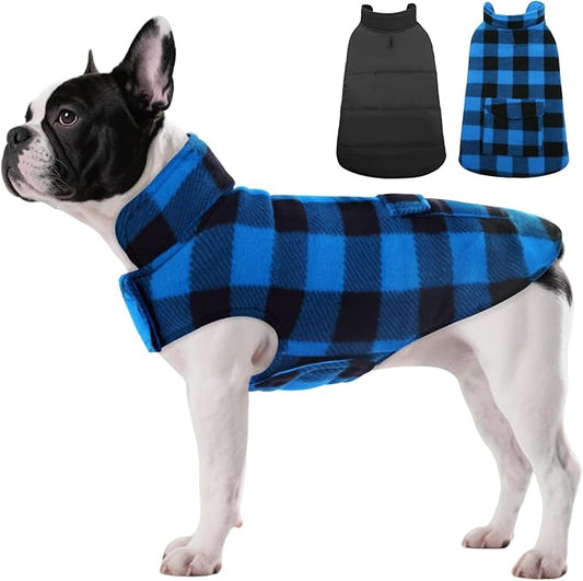 ASENKU Dog Winter Coat, Fleece Doggie Jacket Plaid Reversible Vest Waterproof Windproof Cold Weather Clothes for Small Medium Large Dogs (S, Blue)