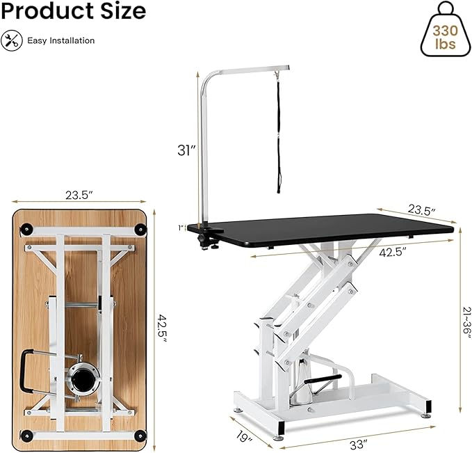 Hydraulic Dog Grooming Table, Heavy Duty Grooming Table for Small/Medium Dogs at Home, Pet Grooming Table with Adjustable Arm and Noose, Range 21-36 Inch, 43 Inch