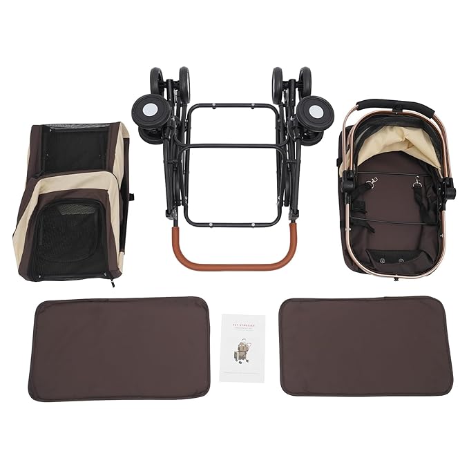 Double Pet Stroller for Small Medium Dogs & Cats, 3 In1 Detachable Pet Strollers with 2 Carriers and 360° Wheels, 77 Lbs Capacity Outdoor Cat Dog Carts Lightweight (Coffee Color)