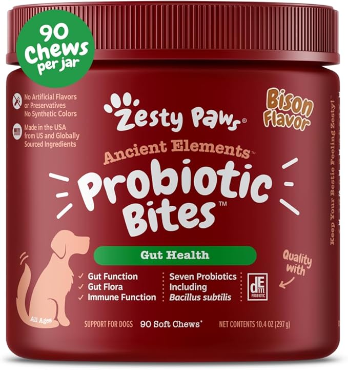 Zesty Paws Probiotics for Dogs, Digestive Enzymes Gut Flora, Digestive Health, Diarrhea & Bowel Support, DE111, Dog Probiotics Soft Chew for Pet Immune System, Chicken, 90 Ct