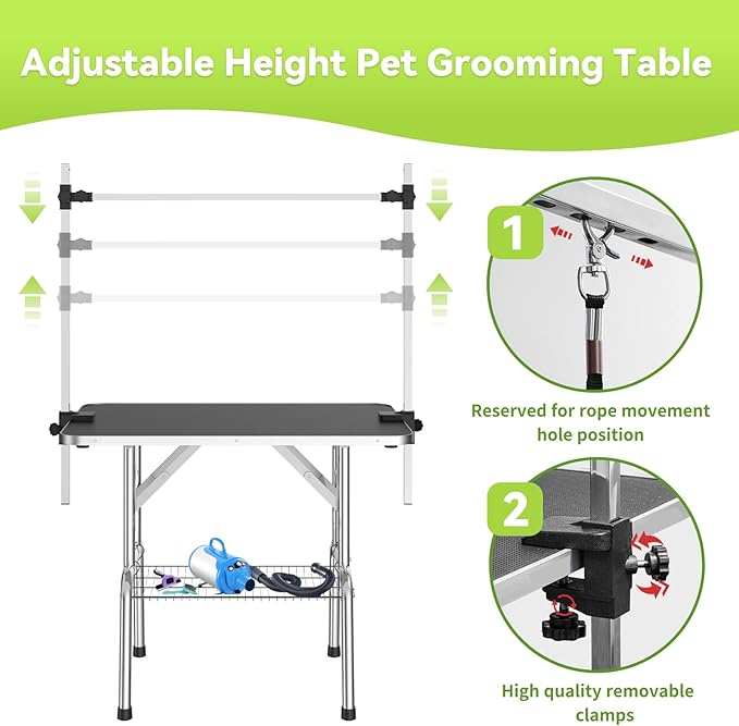 46" Large Dog Grooming Table, Non-Slip Tabletop with Adjustable Armrests, Lasso, Tool Organizer, Grid Tray, Foldable Home Pet Station, Maximum Weight Capacity 330 lbs,Blue