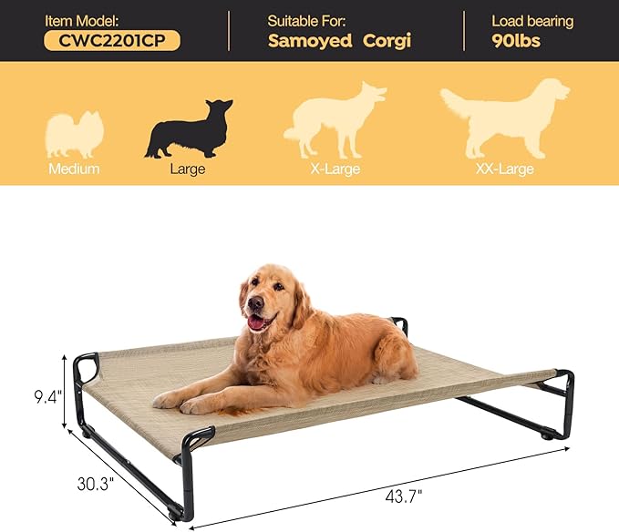 Veehoo Original Outdoor Elevated Dog Bed, Cooling Raised Dog Cot for Large Dogs, Portable Standing Pet Hammock Platform with Washable Breathable Mesh, No-Slip Feet, Large, Beige Coffee, CWC2201