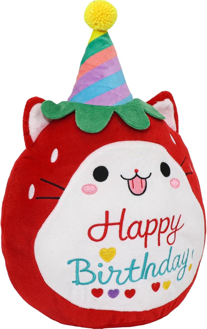 Strawberry Cat Plush Stuffed Animal Red Cat Plush Wear Birthday Hat Kawaii Stuffed Toys Soft Home Plushie Decoration Gifts for Boys Girls
