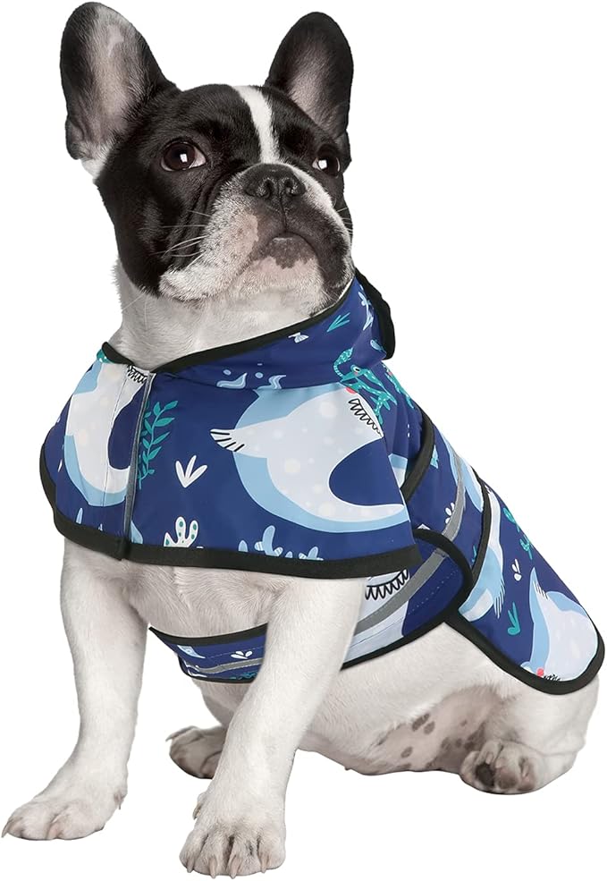 HDE Dog Raincoat Jacket Reflective Adjustable Hooded Pet Poncho Rain Coat with Leash Hole for Small to X-Large Dogs Sharks - S