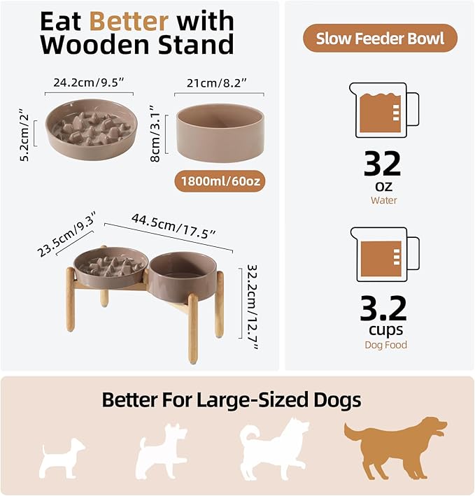Ceramic Raised Slow Feeder Dog Bowl Set, Elevated 8.2inch Bowl and 9.5inch Slow Pet Food Dish with Wooden Stand for Large Dog (2 x Brown Coffee+ Stand)
