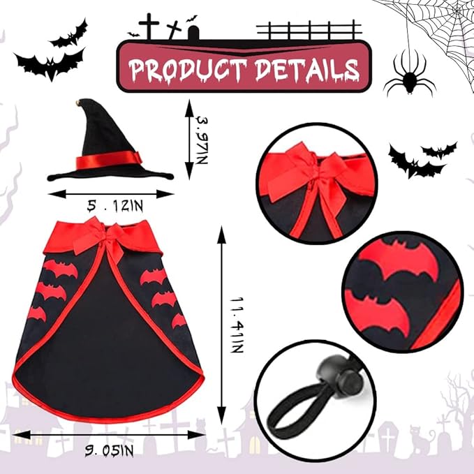 Pet Halloween Costumes Dogs Cats Halloween Vampire Pets Costume Cape with Black Red Witch Hat Wizard Cats Cosplay Clothes Apparel for Small Dogs Cats Halloween Party Decorations