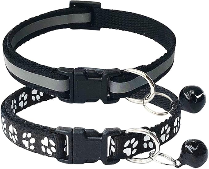CHBORCHICEN 2-Pack Footprint & Reflective Cat Collar with Bell Basic Dog Cat Collar Buckle Adjustable Polyester Cat Dog Collar or Seatbelts (X-Small, Black)