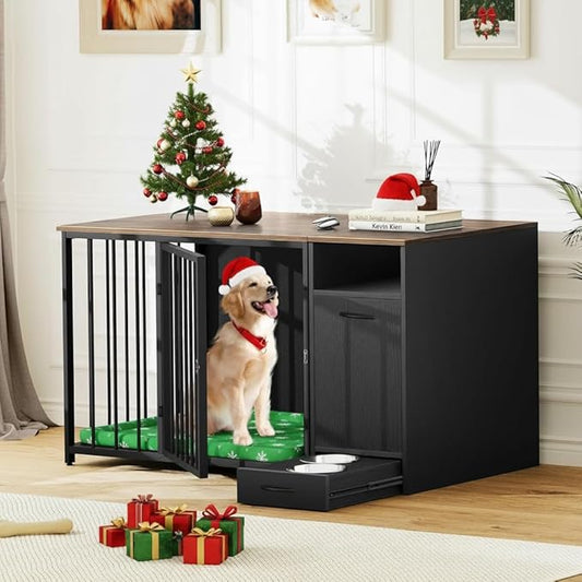 YITAHOME Dog Crate Furniture with Feeder Bowls, 55" Large Breed Dog Kennel with Storage Drawer, Heavy Duty Dog House TV Stand Indoor for Medium Dogs, Black