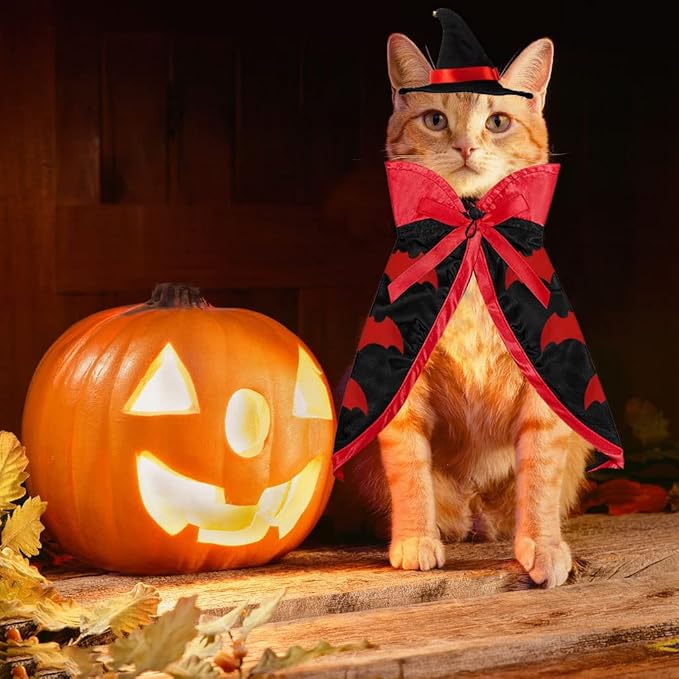 Pet Halloween Costumes Dogs Cats Halloween Vampire Pets Costume Cape with Black Red Witch Hat Wizard Cats Cosplay Clothes Apparel for Small Dogs Cats Halloween Party Decorations