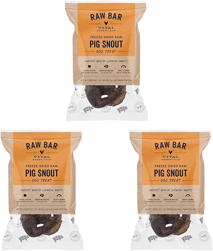 Vital Essentials Freeze-Dried Raw Pig Snout Dog Treat & Long-Lasting Natural Chew, 3-Pack | Single Ingredient Dog Treat for Aggressive Chewers | Made in USA