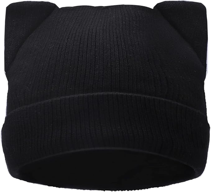 Cat Ear Beanie for Women Girls, Autumn Winter Knit Cuff Beanie Hip Hop Beanie Hat Cat Crochet Ski Cap