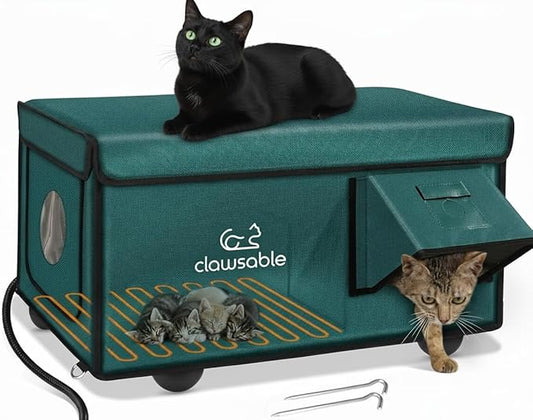 Indestructible Heated Cat House for Outside Cats Winter, 100% Weatherproof, Safe Escape Door, Insulated Outdoor Cat Shelter with Heater for Feral Barn Cat Kitty (Forest Green, 26"x17"x14")