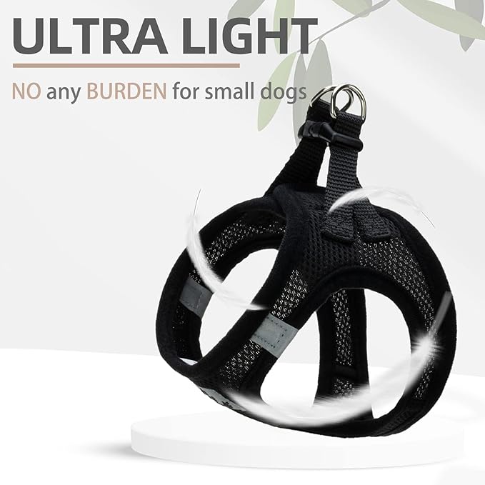 PUPTECK Adjustable Dog Harness Collar and Leash Set Step in No Pull Pet Harness for Small Medium Dogs Puppy and Cats Outdoor Walking Running, Soft Mesh Reflective Vest Harnesses, Solid Black XXS