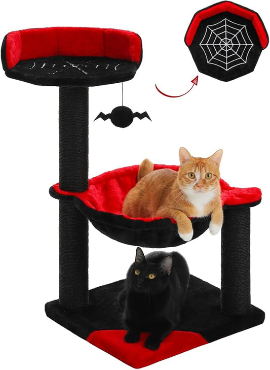 Gothic Cat Tree with Coffin Bed, Spooky Cat Tree with Black Scratching Posts & Halloween Cat Tower & Large Hammock for Small Kittens, Cat Toy Black Bat Included