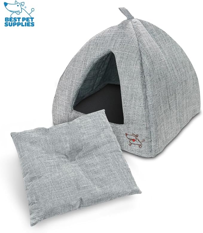 Best Pet Supplies Dog House Bed Crate Mat Tent Indoor Round Soft Plush for Small, Medium, and Large Breeds - Gray Linen, 19 x 19 x H:19