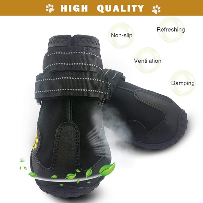 Waterproof Dog Boots, Dog Outdoor Shoes for Medium to Large Dogs with Two Reflective Fastening Straps and Rugged Anti-Slip Sole (Black 4PCS).