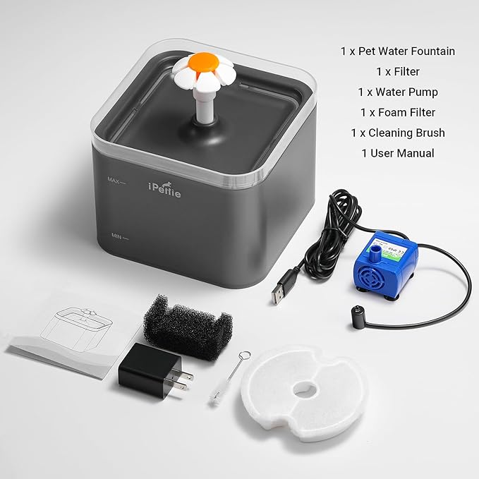 iPettie Neverland Cat Water Fountain with LED Light, 67oz/2.0L, Ultra Quiet Drinking Waterer, Automatic Filtered Water Dispenser, Water Purifier for Pets, Grey