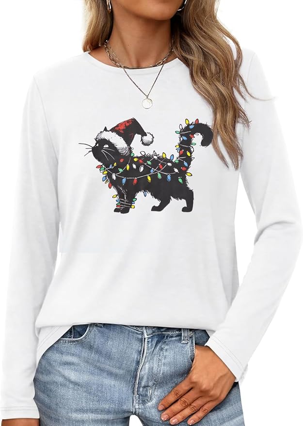 JINTING Cat Shirts for Women - Loose Fit Lightweight Long Sleeve Graphic Tee Fall Printed Crewneck Blouse Casual Tops