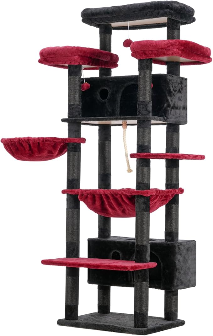 Cat Tree for Indoor Cats Large Adult, 74" Cat Tower for with 3 Big Platforms, 2 Baskets, 2 Condos, Multi-Level Cat Scratching Posts, Black and Red GCT030BR