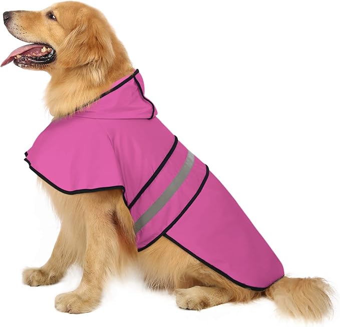 HDE Dog Raincoat Jacket Reflective Adjustable Hooded Pet Poncho Rain Coat with Leash Hole for Small to X-Large Dogs Pink - XL