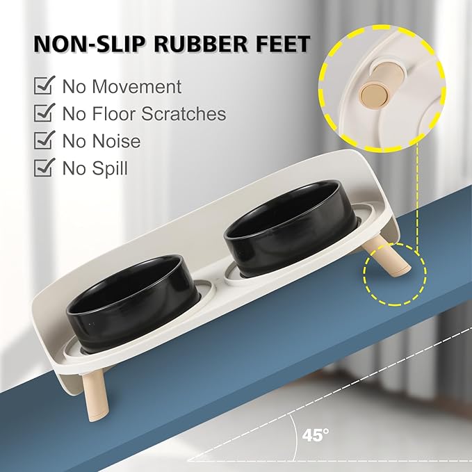 Elevated Ceramic Cat Bowl Set - Raised Double Dishes for Food & Water - Non-Slip Stand & Splash Proof - for Cats & Puppies - 2 x 480 ML - 16.2 OZ
