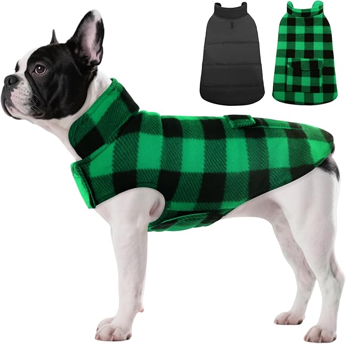 ASENKU Dog Winter Coat, Fleece Doggie Jacket Plaid Reversible Vest Waterproof Windproof Cold Weather Clothes for Small Medium Large Dogs (XS, Green)