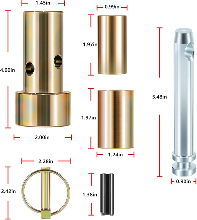 4 Pack TK95029 Cat 1 Quick Hitch Adapter Bushing Kit with S07070200 Top Link Pin and S14114400 Lynch Pin with Ring Fit for Category 1 3-Point Quick Hitches and Tractors