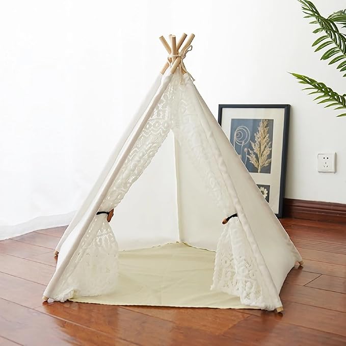 Cat Teepee Tent Bed,Outdoor Indoor Dog House,Portable Washable Pet Tent for Small Dogs with Cushion,Inside Pet Teepee for Small Medium Animals (White Lace, L)