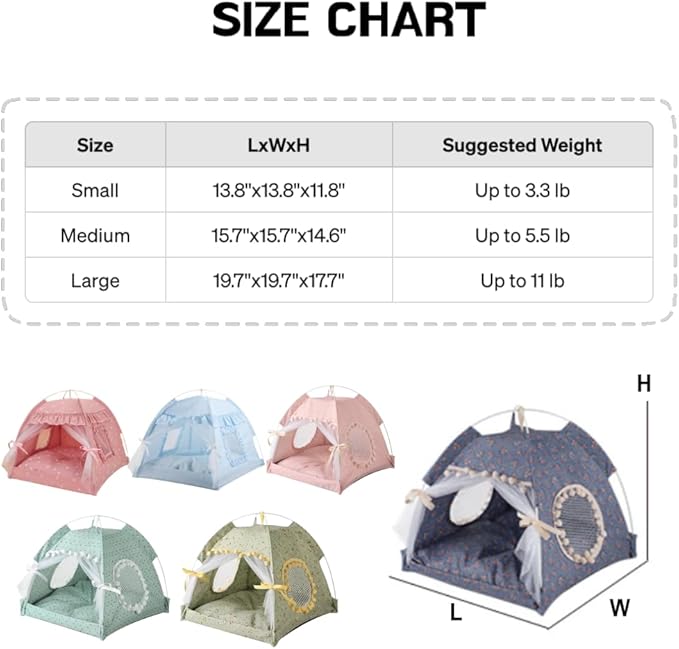 Cat Bed Tents Dog House Indoor Outdoor Lace Mesh Breathable Windows Door Curtains Removable Portable Nest Teepe House (Large,Pink(Ruffled Teim))