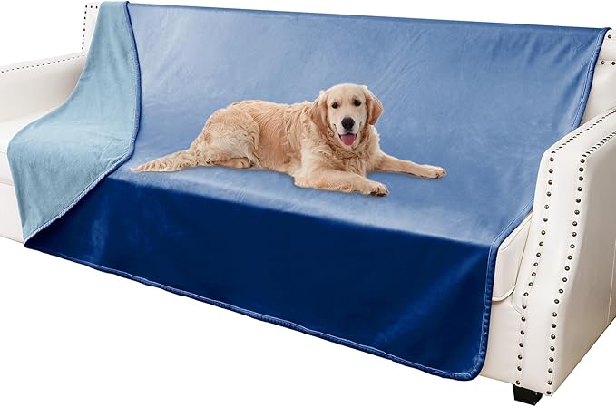 Waterproof Dog Blankets, Washable Pee Proof Pet Blanket for Couch, Soft Reversible Puppy Throw Furniture Protector Cover for Bed Sofa-52"x82",Navy Blue+Stone Blue