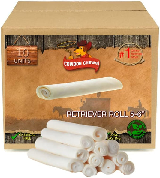 Cowdog Chews 5-6 Inches Rawhide Retriever Roll - Chewing Dog Treat, 100% Natural - Natural Grass Fed Livestock Sourced (10 Pack)