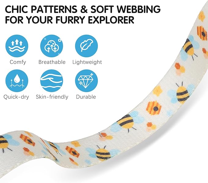 BINGPET Cat Harness and Leash Set Escape Proof for Walking,Adjustable Kitten Harness with Airtag Holder for Small Medium Large Cats (Cute Bee Print,Neck:8"-12",Chest:12.5"-18")