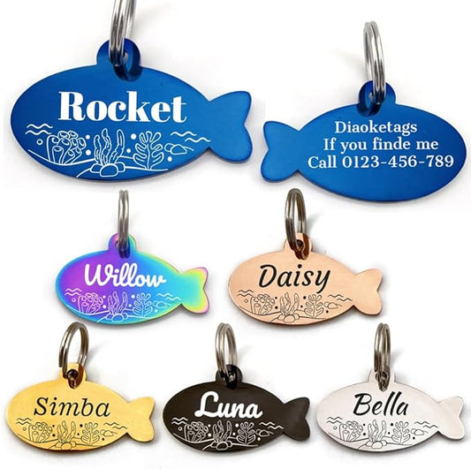 Stainless Steel Cat ID Tag Personalized Pet Tags with up to 4 Lines of Custom Text, Small Pet Mini Dog Cat Tag Lightweight, Engraved on Both Sides, Multiple Patterns Colors Size Options (Benthos)