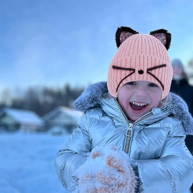 Kids Girls Cat Ear Hat Winter Warm Knit Beanie Cute Ski Skull Cap for Ages 7-12